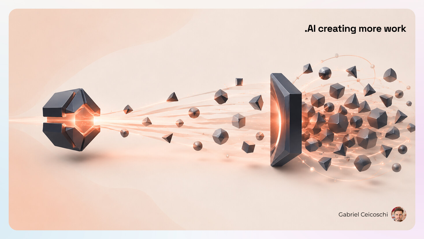 Abstract 3D scene showing accelerated work flowing into a constrained system and creating a growing cluster of downstream outputs, illustrating how AI can shift bottlenecks into review, coordination, and decision-making.