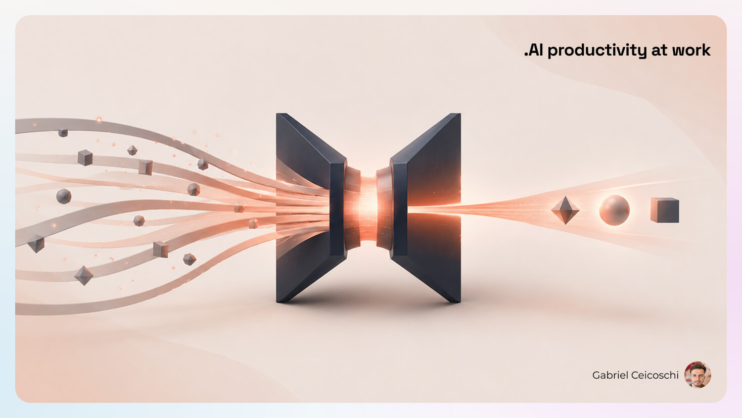 Abstract workflow visualization showing multiple streams of work converging through a central process and emerging as structured outputs, representing AI productivity measured across the full workflow rather than a single task.