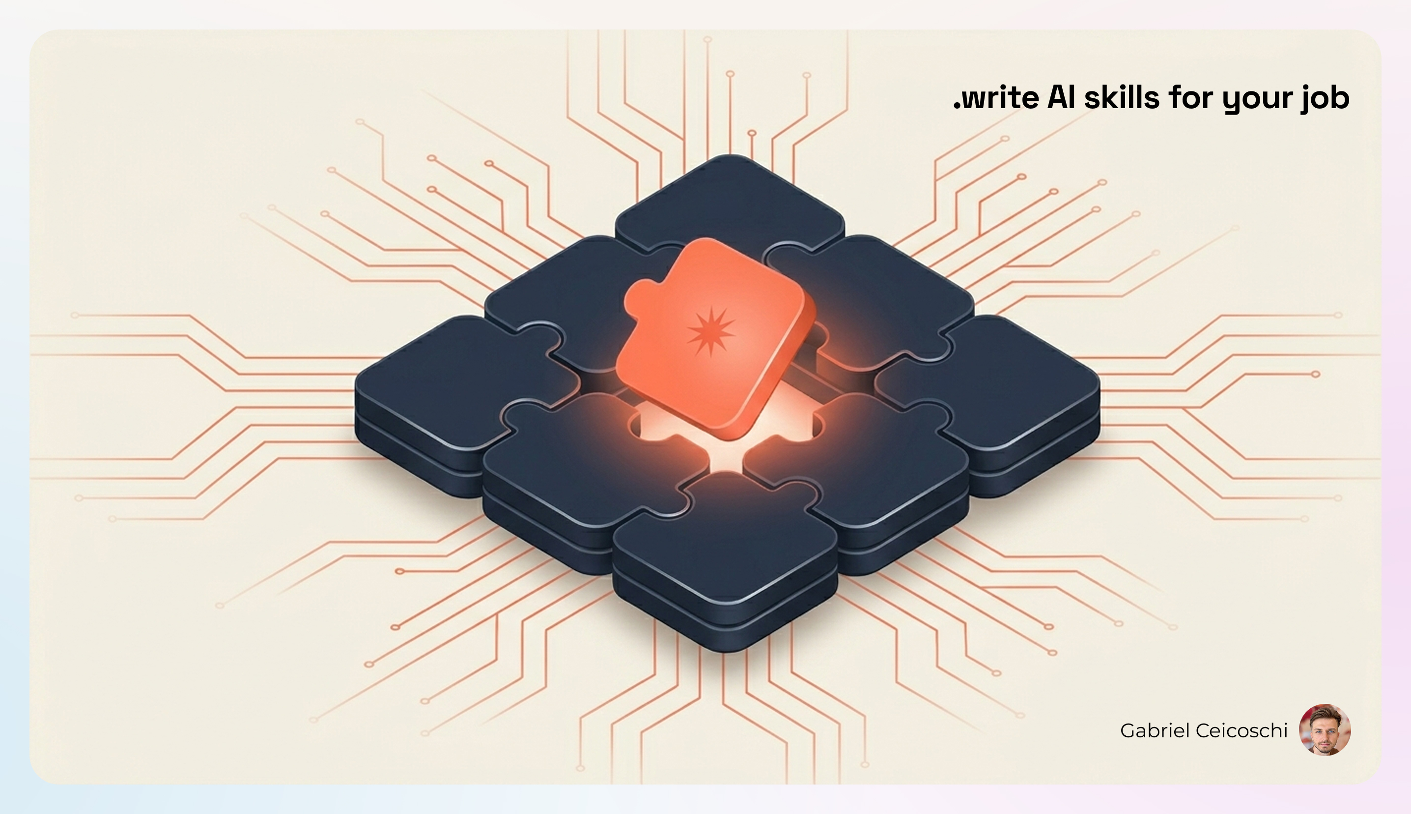 AI skill tiles snapping together, one glowing coral piece clicking into place, on a cream background with circuit traces.
