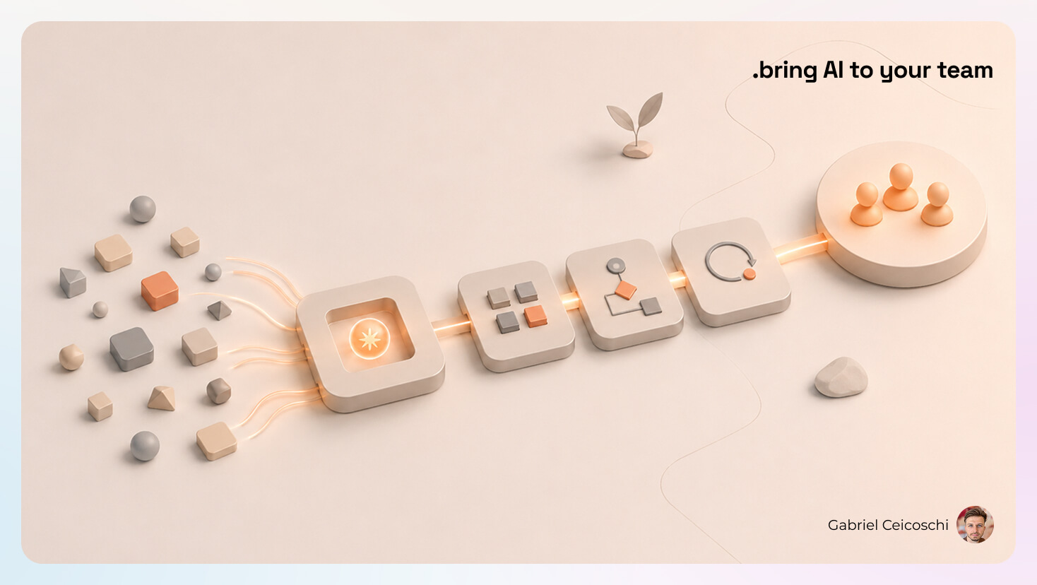 Minimal 3D workflow illustration showing scattered tasks moving through AI-enabled workflow stages into a shared team outcome, representing the shift from ad hoc AI use to repeatable workflows and organizational adoption.