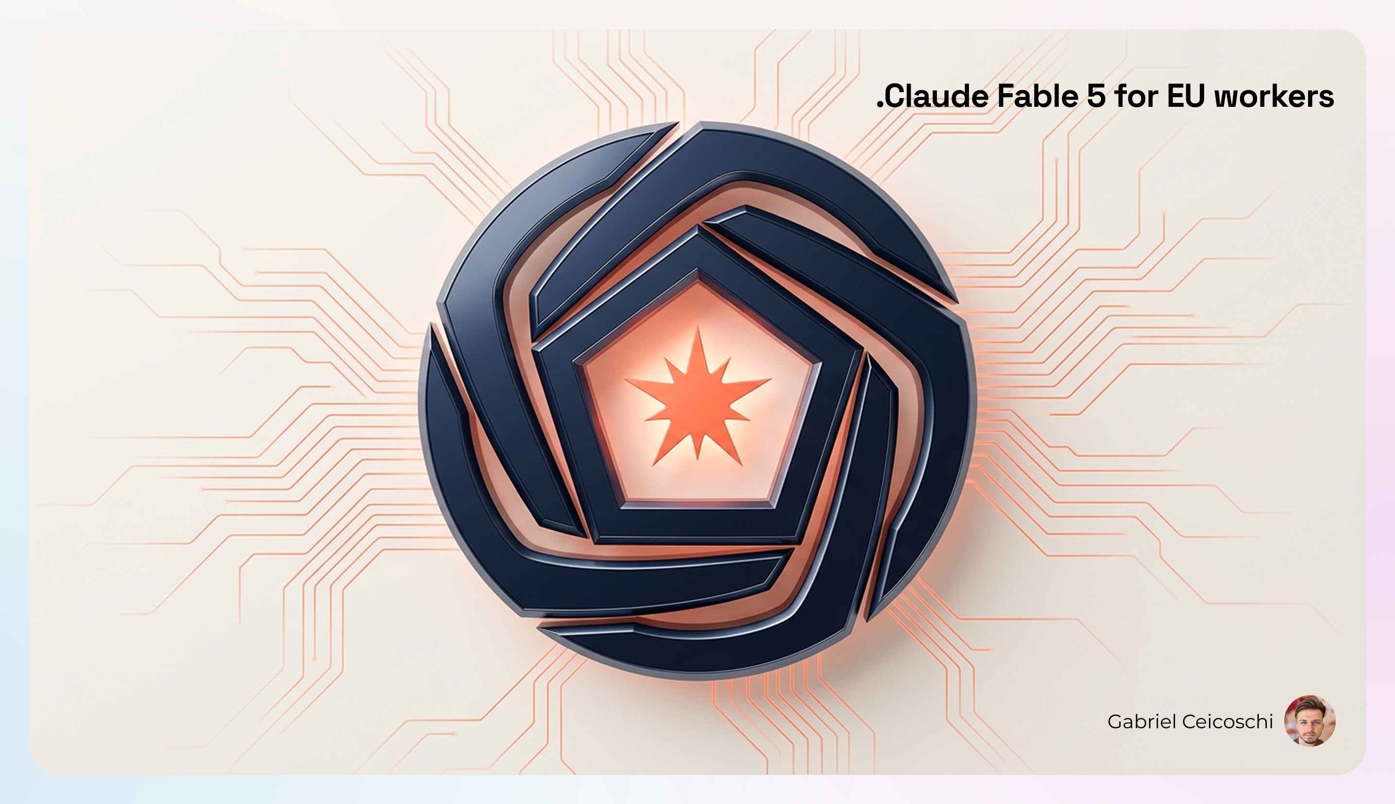 Claude Fable 5 logo concept: dark navy metallic emblem with glowing orange core, representing Anthropic's new AI model for knowledge work