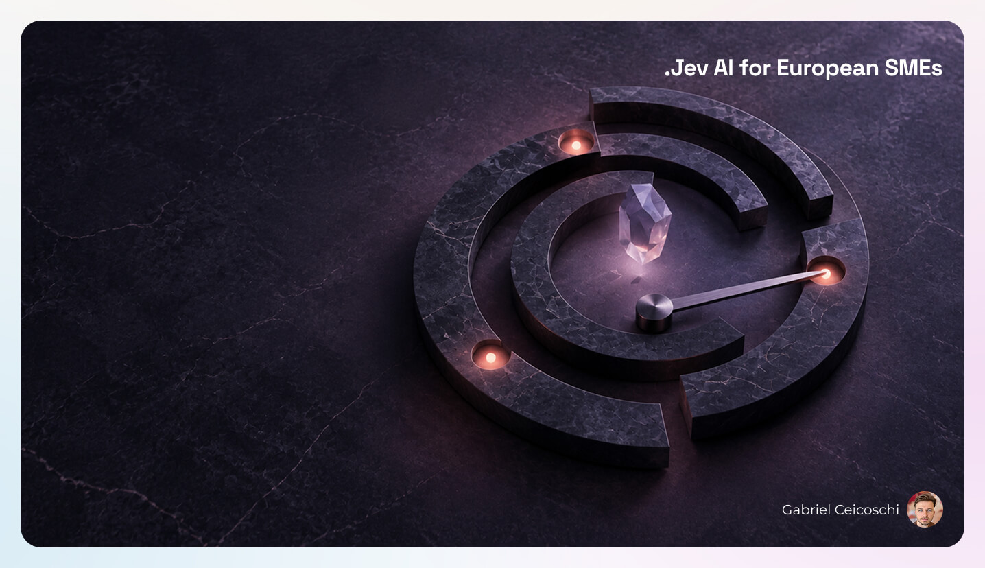 Dark sculptural decision instrument with three glowing outcomes, representing how Jev AI turns uncertain information into structured business decisions.